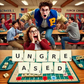 Creative illustration for a Scrabble game with the word UNGREASED spelled out in tiles on the board.