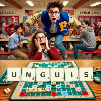 Creative illustration for a Scrabble game with the word UNGUIS spelled out in tiles on the board.