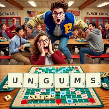 Creative illustration for a Scrabble game with the word UNGUMS spelled out in tiles on the board.