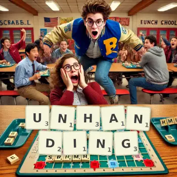 Creative illustration for a Scrabble game with the word UNHANDING spelled out in tiles on the board.