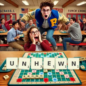 Creative illustration for a Scrabble game with the word UNHEWN spelled out in tiles on the board.