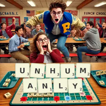 Creative illustration for a Scrabble game with the word UNHUMANLY spelled out in tiles on the board.