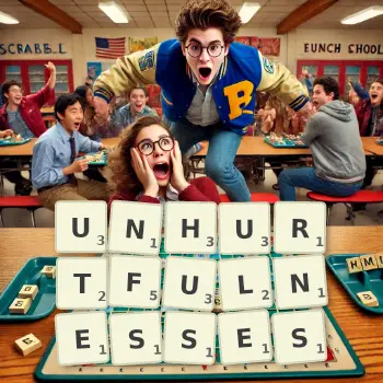 Creative illustration for a Scrabble game with the word UNHURTFULNESSES spelled out in tiles on the board.