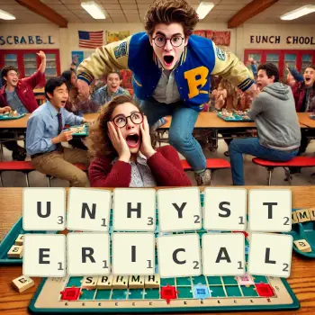 Creative illustration for a Scrabble game with the word UNHYSTERICAL spelled out in tiles on the board.