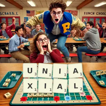 Creative illustration for a Scrabble game with the word UNIAXIAL spelled out in tiles on the board.