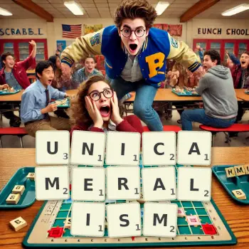 Creative illustration for a Scrabble game with the word UNICAMERALISM spelled out in tiles on the board.