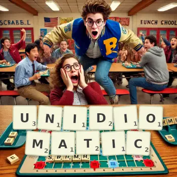 Creative illustration for a Scrabble game with the word UNIDIOMATIC spelled out in tiles on the board.