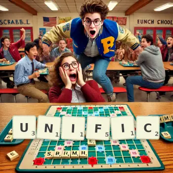 Creative illustration for a Scrabble game with the word UNIFIC spelled out in tiles on the board.