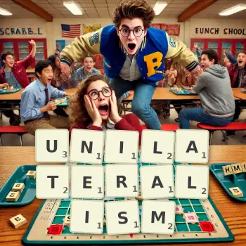 Creative illustration for a Scrabble game with the word UNILATERALISM spelled out in tiles on the board.