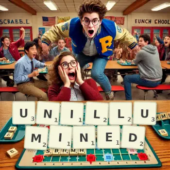 Creative illustration for a Scrabble game with the word UNILLUMINED spelled out in tiles on the board.