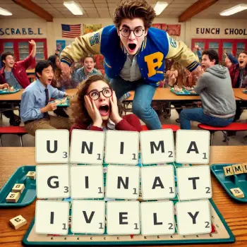 Creative illustration for a Scrabble game with the word UNIMAGINATIVELY spelled out in tiles on the board.