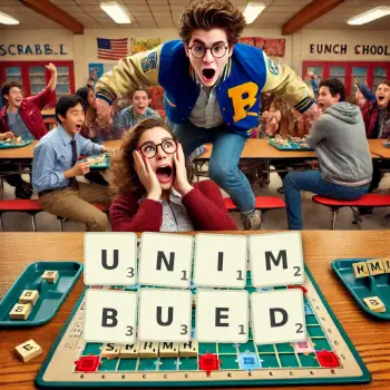 Creative illustration for a Scrabble game with the word UNIMBUED spelled out in tiles on the board.