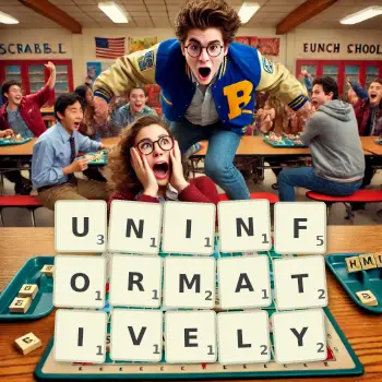 Creative illustration for a Scrabble game with the word UNINFORMATIVELY spelled out in tiles on the board.
