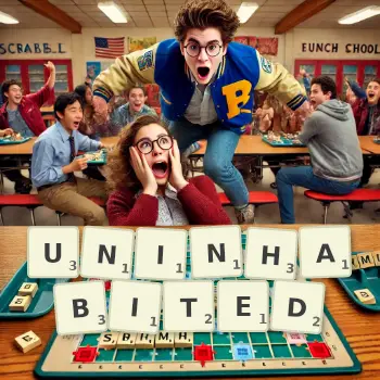 Creative illustration for a Scrabble game with the word UNINHABITED spelled out in tiles on the board.