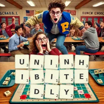 Creative illustration for a Scrabble game with the word UNINHIBITEDLY spelled out in tiles on the board.