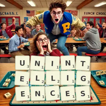Creative illustration for a Scrabble game with the word UNINTELLIGENCES spelled out in tiles on the board.
