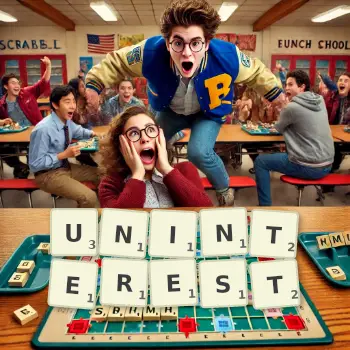 Creative illustration for a Scrabble game with the word UNINTEREST spelled out in tiles on the board.
