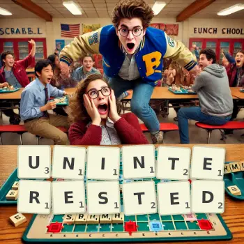 Creative illustration for a Scrabble game with the word UNINTERESTED spelled out in tiles on the board.