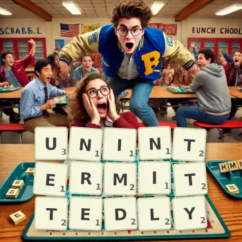 Creative illustration for a Scrabble game with the word UNINTERMITTEDLY spelled out in tiles on the board.