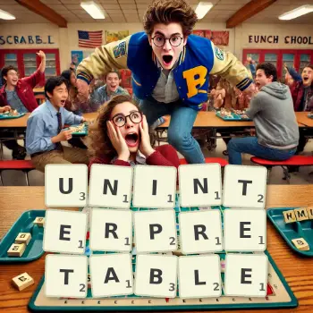 Creative illustration for a Scrabble game with the word UNINTERPRETABLE spelled out in tiles on the board.