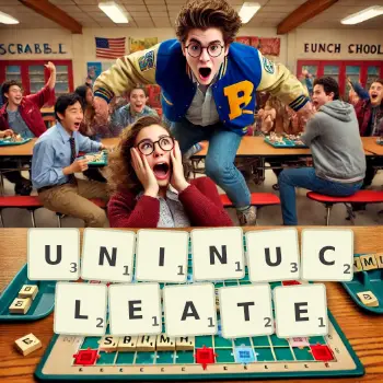 Creative illustration for a Scrabble game with the word UNINUCLEATE spelled out in tiles on the board.