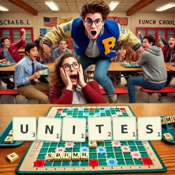 Creative illustration for a Scrabble game with the word UNITES spelled out in tiles on the board.