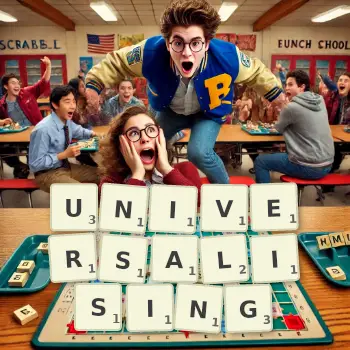 Creative illustration for a Scrabble game with the word UNIVERSALISING spelled out in tiles on the board.