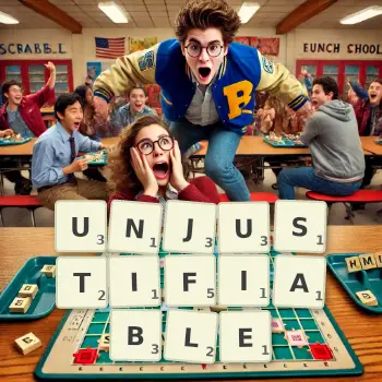 Creative illustration for a Scrabble game with the word UNJUSTIFIABLE spelled out in tiles on the board.