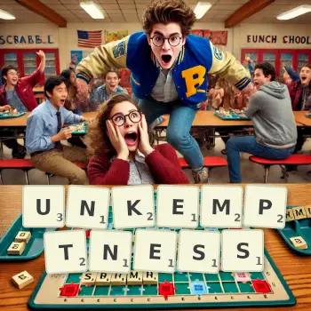Creative illustration for a Scrabble game with the word UNKEMPTNESS spelled out in tiles on the board.