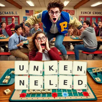 Creative illustration for a Scrabble game with the word UNKENNELED spelled out in tiles on the board.