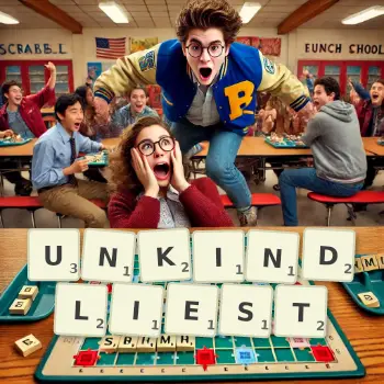 Creative illustration for a Scrabble game with the word UNKINDLIEST spelled out in tiles on the board.