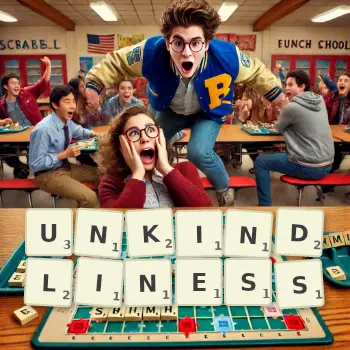 Creative illustration for a Scrabble game with the word UNKINDLINESS spelled out in tiles on the board.