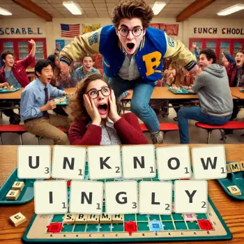 Creative illustration for a Scrabble game with the word UNKNOWINGLY spelled out in tiles on the board.