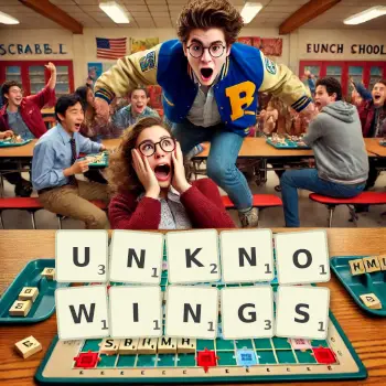 Creative illustration for a Scrabble game with the word UNKNOWINGS spelled out in tiles on the board.