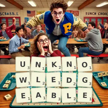 Creative illustration for a Scrabble game with the word UNKNOWLEDGEABLE spelled out in tiles on the board.