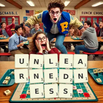 Creative illustration for a Scrabble game with the word UNLEARNEDNESS spelled out in tiles on the board.