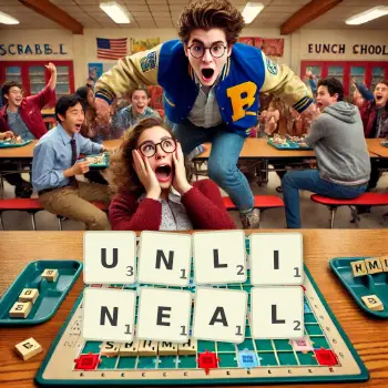 Creative illustration for a Scrabble game with the word UNLINEAL spelled out in tiles on the board.