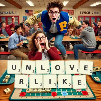 Creative illustration for a Scrabble game with the word UNLOVERLIKE spelled out in tiles on the board.