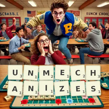 Creative illustration for a Scrabble game with the word UNMECHANIZES spelled out in tiles on the board.