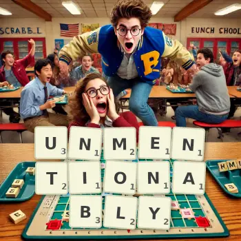 Creative illustration for a Scrabble game with the word UNMENTIONABLY spelled out in tiles on the board.
