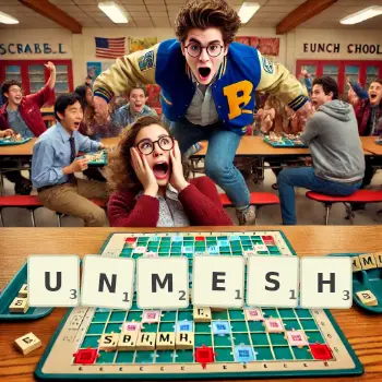 Creative illustration for a Scrabble game with the word UNMESH spelled out in tiles on the board.
