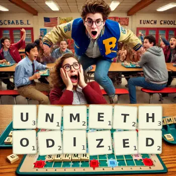 Creative illustration for a Scrabble game with the word UNMETHODIZED spelled out in tiles on the board.