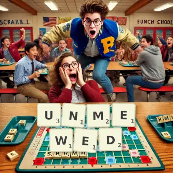 Creative illustration for a Scrabble game with the word UNMEWED spelled out in tiles on the board.