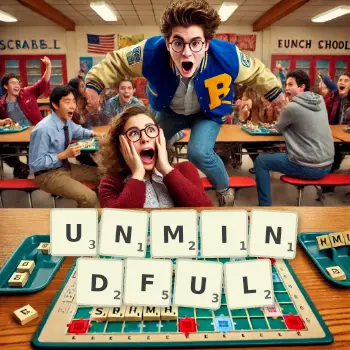 Creative illustration for a Scrabble game with the word UNMINDFUL spelled out in tiles on the board.