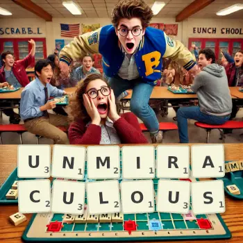 Creative illustration for a Scrabble game with the word UNMIRACULOUS spelled out in tiles on the board.