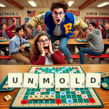 Creative illustration for a Scrabble game with the word UNMOLD spelled out in tiles on the board.
