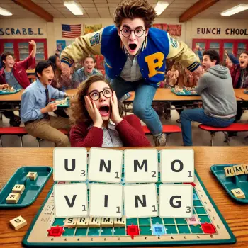 Creative illustration for a Scrabble game with the word UNMOVING spelled out in tiles on the board.