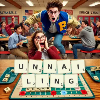 Creative illustration for a Scrabble game with the word UNNAILING spelled out in tiles on the board.