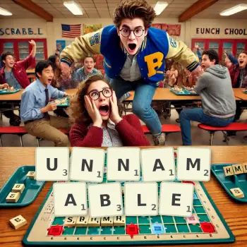 Creative illustration for a Scrabble game with the word UNNAMABLE spelled out in tiles on the board.