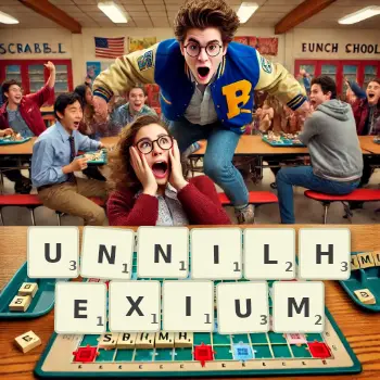 Creative illustration for a Scrabble game with the word UNNILHEXIUM spelled out in tiles on the board.
